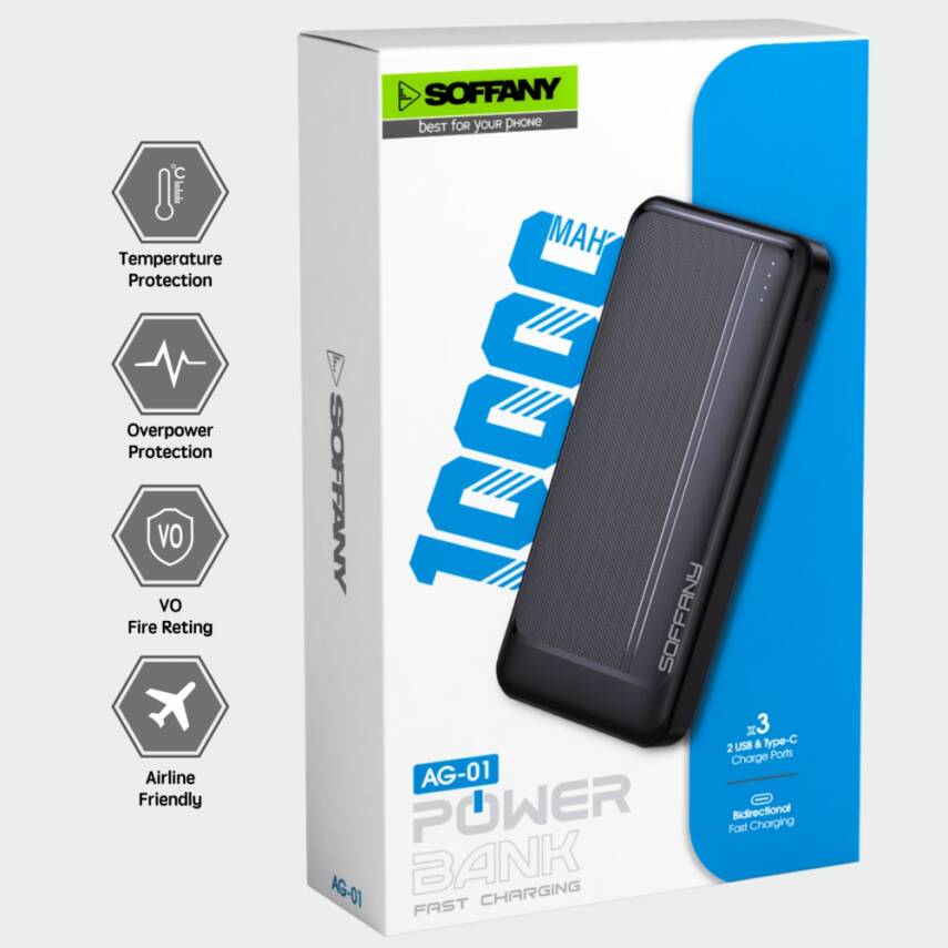 AG01-002 10.000 mAh P.Bank / 2 Type-C + 1 USB Girişli Siyah - 2