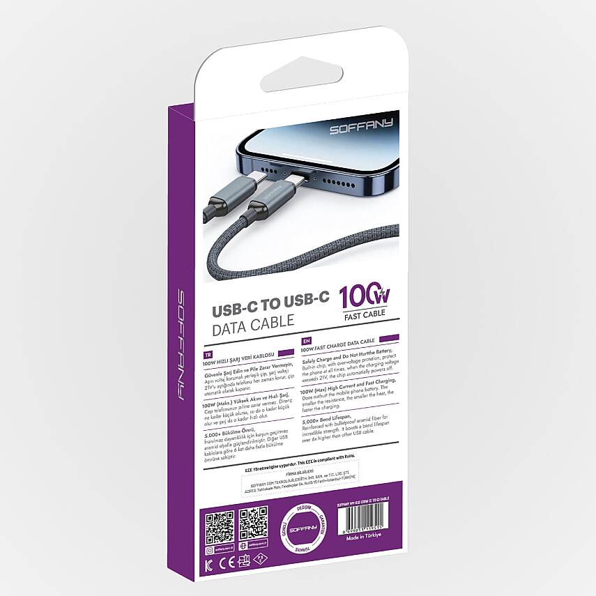 100W Süper Hızlı Şarj Kablosu 6A TYPE-C to TYPE-C Örgülü Dayanıklı Kablo - 7