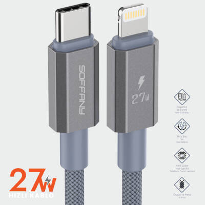 27W Type-C to Lightning Şarj & Data Kablosu Gri