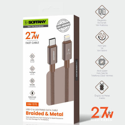 HM570-003 27W  Type-C to Lightning Şarj & Data Kablosu Kahverengi - 3
