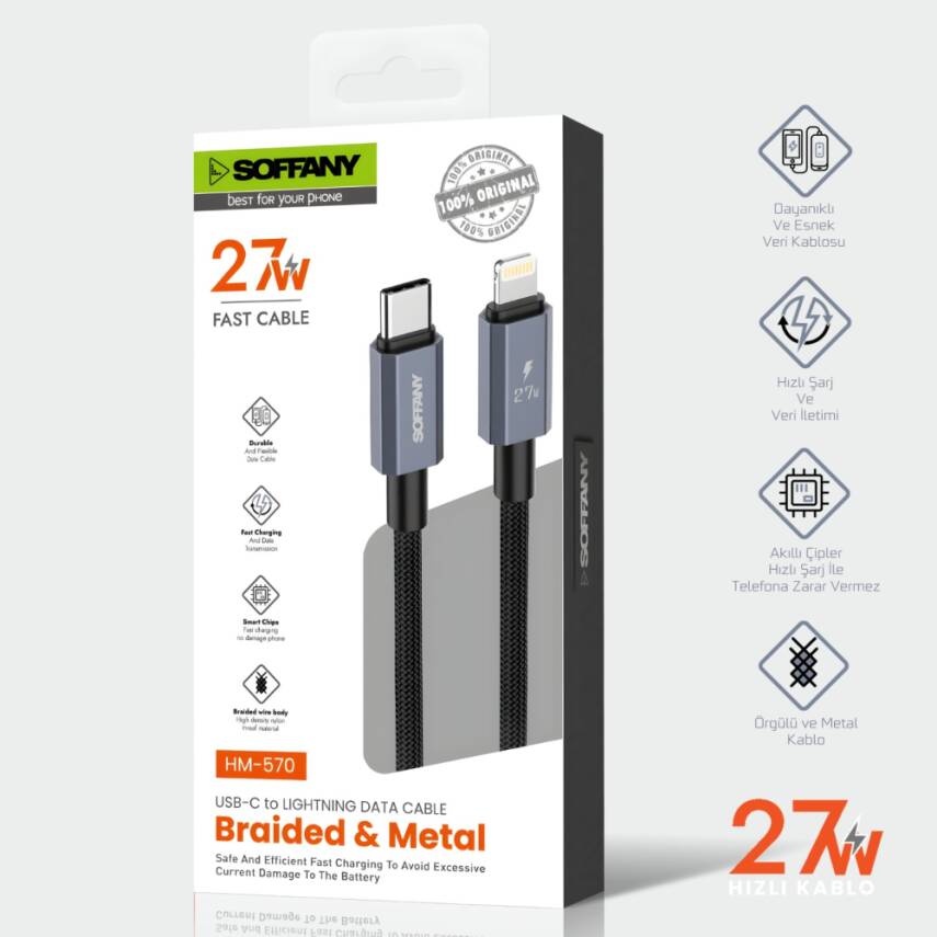 HM570-002 27W  Type-C to Lightning Şarj & Data Kablosu Siyah - 3