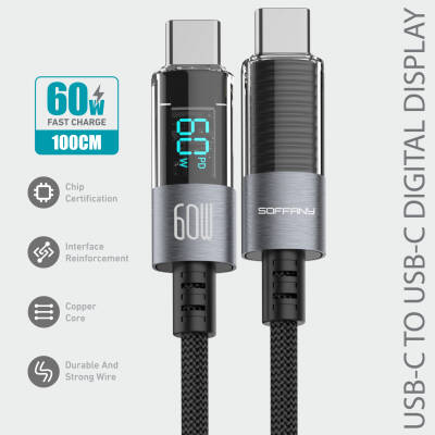 60 W Dijital Ekran Type-C to Type-C Şarj & Data Kablosu
