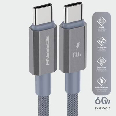 60W  Type-C to Type-C Şarj & Data Kablosu Gri