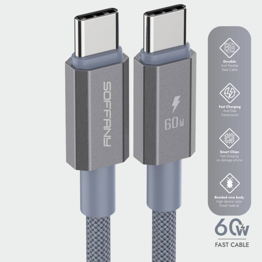 HM560-012 60W  Type-C to Type-C Şarj & Data Kablosu Gri - 1