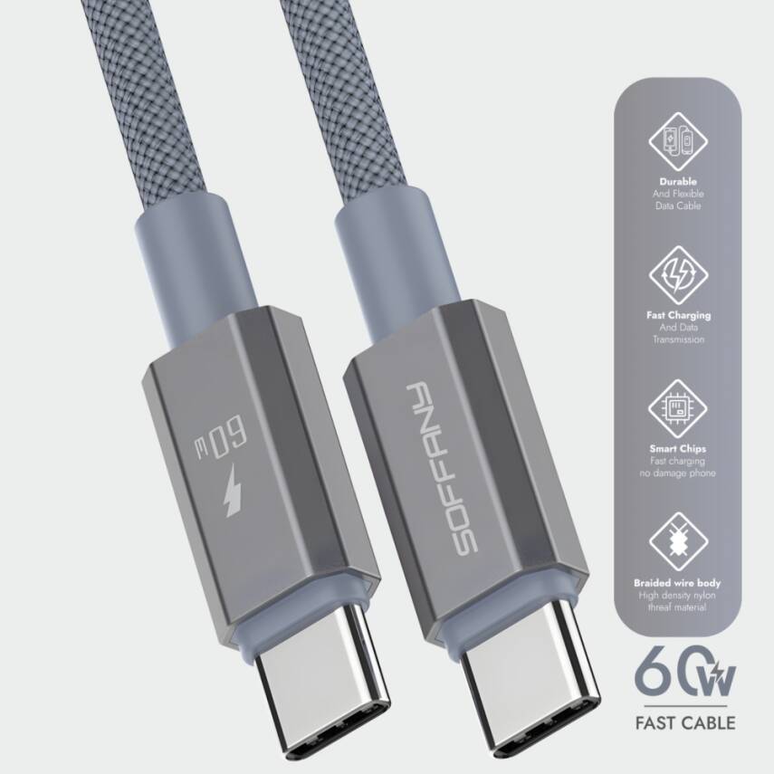 HM560-012 60W  Type-C to Type-C Şarj & Data Kablosu Gri - 2