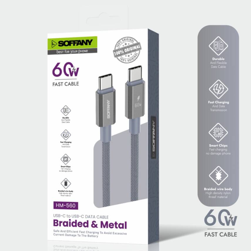 HM560-012 60W  Type-C to Type-C Şarj & Data Kablosu Gri - 3