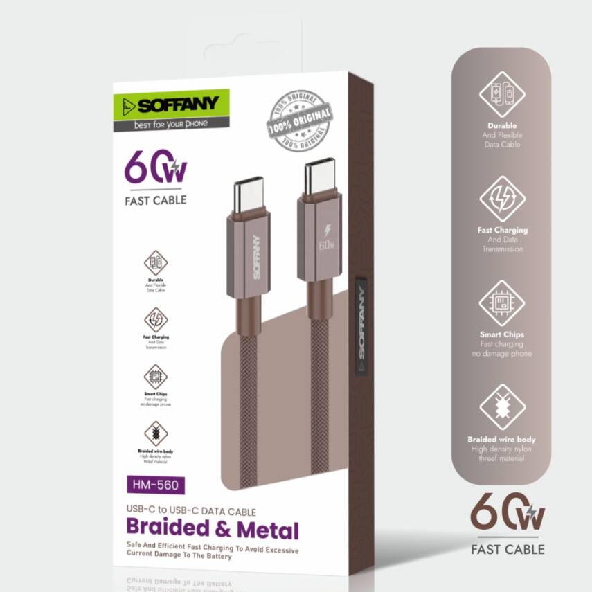 HM560-003 60W  Type-C to Type-C Şarj & Data Kablosu  Kahverengi - 3