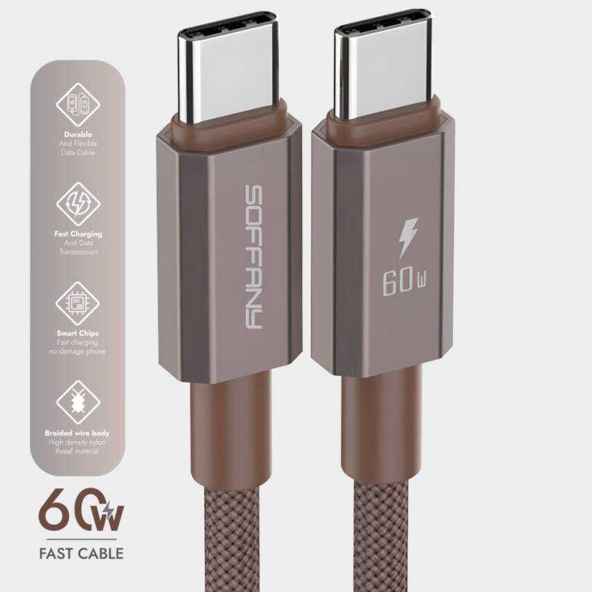 HM560-003 60W  Type-C to Type-C Şarj & Data Kablosu  Kahverengi - 1