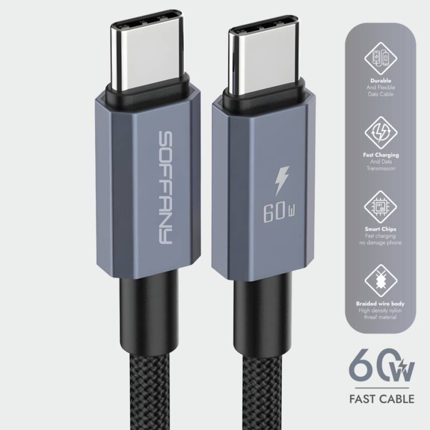 HM560-002 60W  Type-C to Type-C Şarj & Data Kablosu Siyah - 1