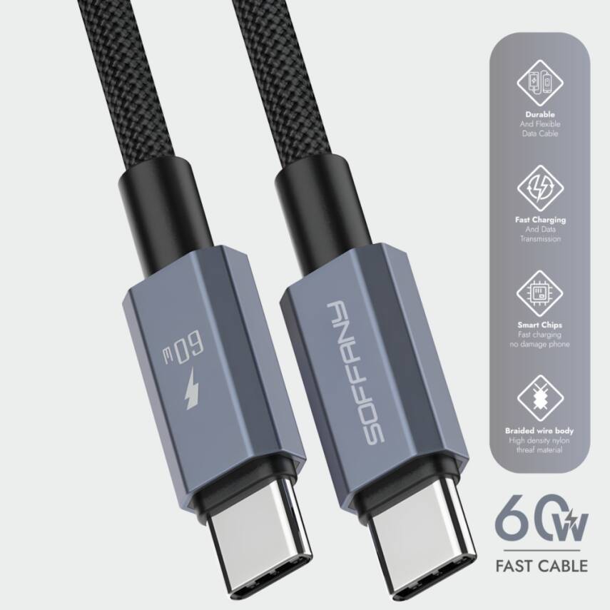 HM560-002 60W  Type-C to Type-C Şarj & Data Kablosu Siyah - 2