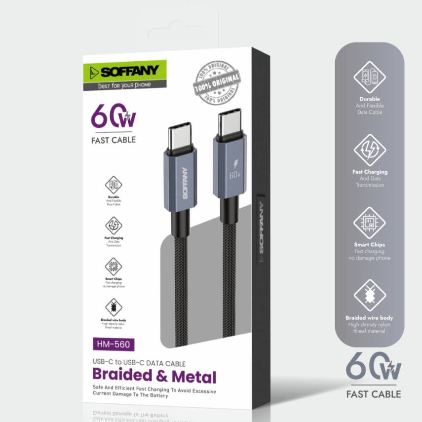 HM560-002 60W  Type-C to Type-C Şarj & Data Kablosu Siyah - 3