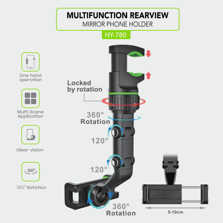 HY-780 Çok Fonksiyonlu Dikiz Aynası Tipi Araç İçi Telefon Tutucu - 2