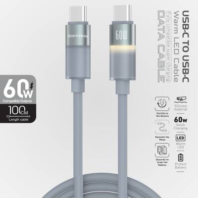 HM-280-012 USB-C to USB-C 60W Warm LED Şarj ve Data Kablosu – 1 Metre