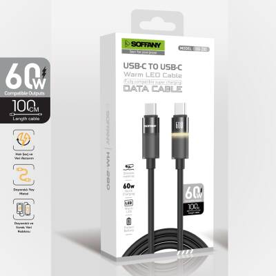 HM-280-02 USB-C to USB-C 60W Warm LED Şarj ve Data Kablosu – 1 Metre - 2