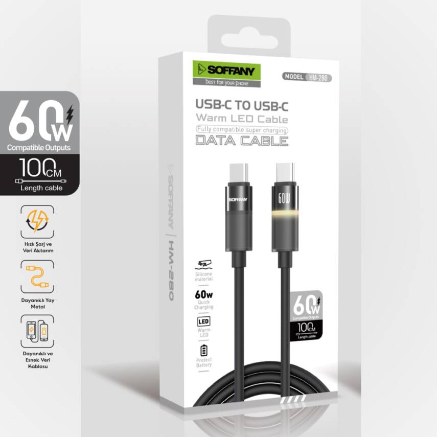 HM-280-02 USB-C to USB-C 60W Warm LED Şarj ve Data Kablosu – 1 Metre - 2