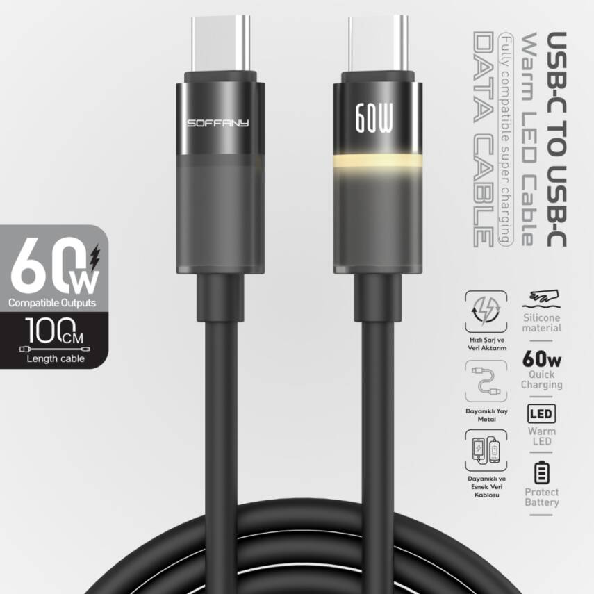 HM-280-02 USB-C to USB-C 60W Warm LED Şarj ve Data Kablosu – 1 Metre - 1