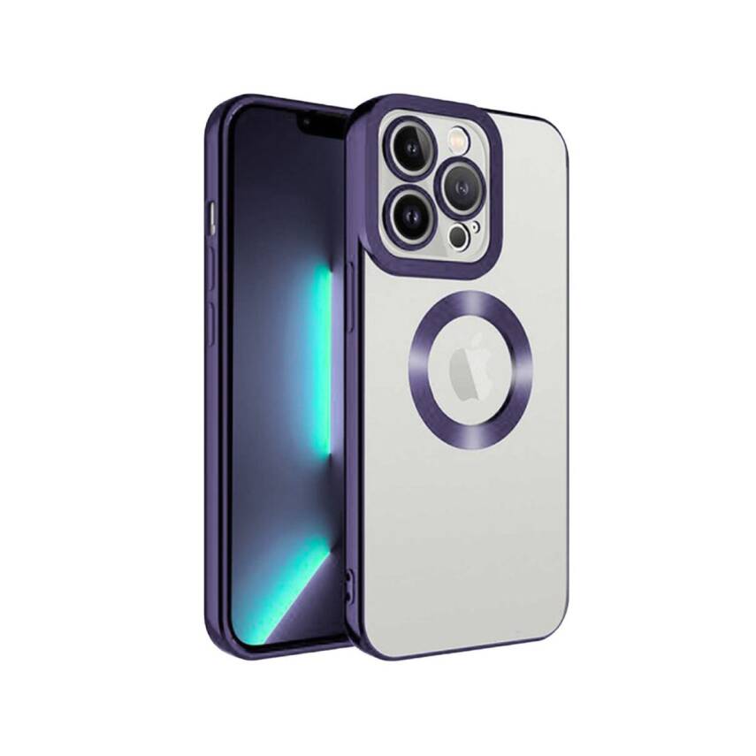 iPhone 14 Pro Metal Çerçeveli Şeffaf Mıknatıslı Kılıf Mor - 1