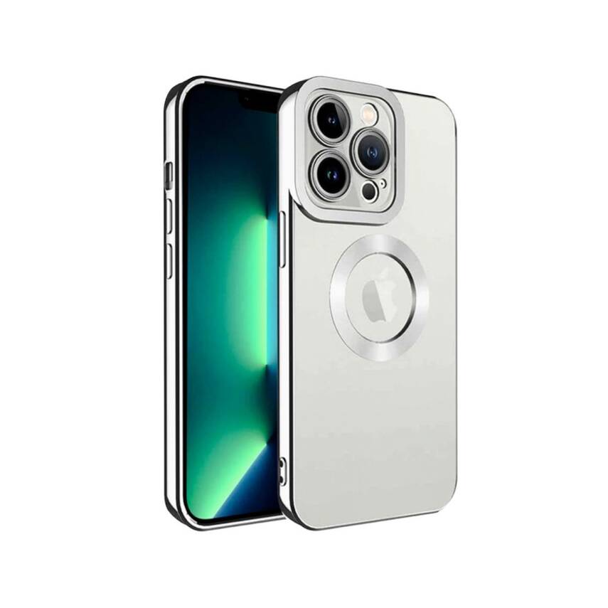 iPhone 14Pro Max Metal Çerçeveli Şeffaf Mıknatıslı Kılıf Beyaz - 1