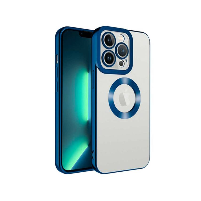 iPhone 14Pro Max Metal Çerçeveli Şeffaf Mıknatıslı Kılıf Mavi - 1